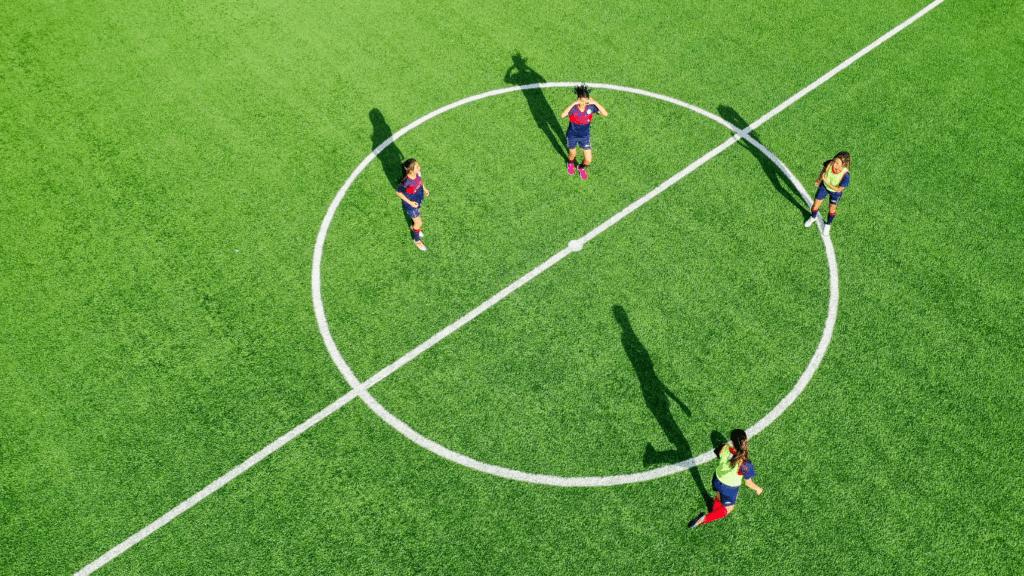 an aerial view of soccer players on the field